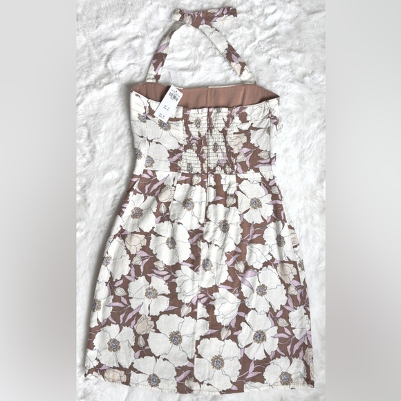 NWT A&F light brown floral print Halter Linen-Blend Mini Dress - Picture 4 of 12
